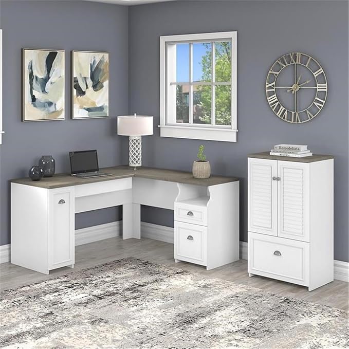 Bush Furniture Fairview 60W L Shaped Desk and 2 Door Storage Cabinet with File Drawer in Pure White and Shiplap Gray