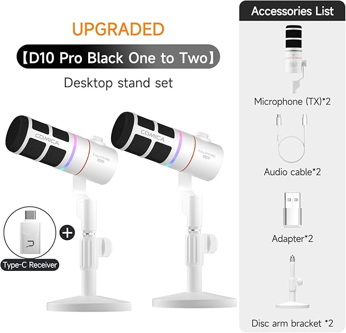 EJoy D10 PRO(D) COMBO Dual-Channel Wireless USB Gaming Microphone – RGB Dynamic Mic with Wired/Wireless Modes, XLR/USB-C, Real-Time Monitoring, Studio Mic for Streaming, Podcast, Recording (White)