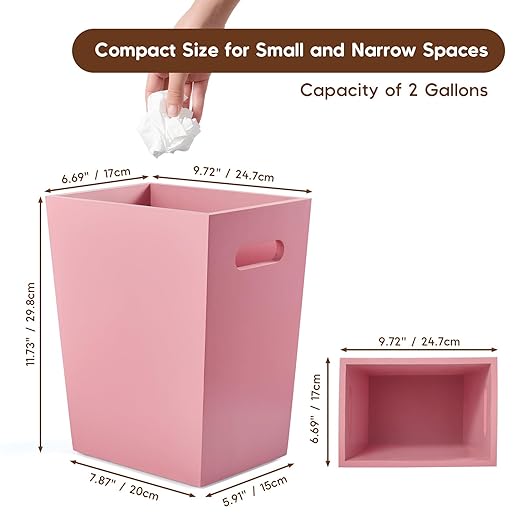 Small Trash Can Wastebasket, 2 Gallon Wooden Waste Basket with Handles, Rectangular Garbage Can Trash Basket for Pink Bathroom, Living Room, Office, Kitchen, Laundry Room Decor and Accessories