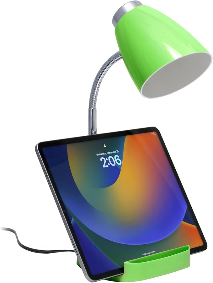 Simple Designs LD1002-GRN Gooseneck Organizer Desk Lamp with iPad Tablet Stand Book Holder, Green