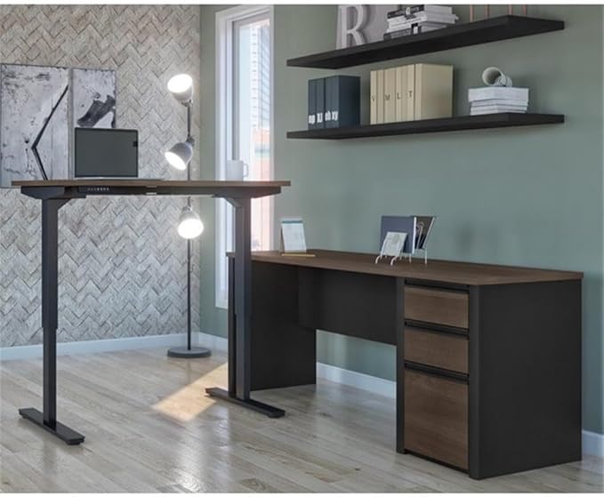 Pemberly Row 2 Piece Standing Desk Set, Adjustable Height 28"-45", Antigua and Black Finish, Particle Board and Melamine, Includes Storage Credenza with 3 Drawers, Reversible Design, Home Office