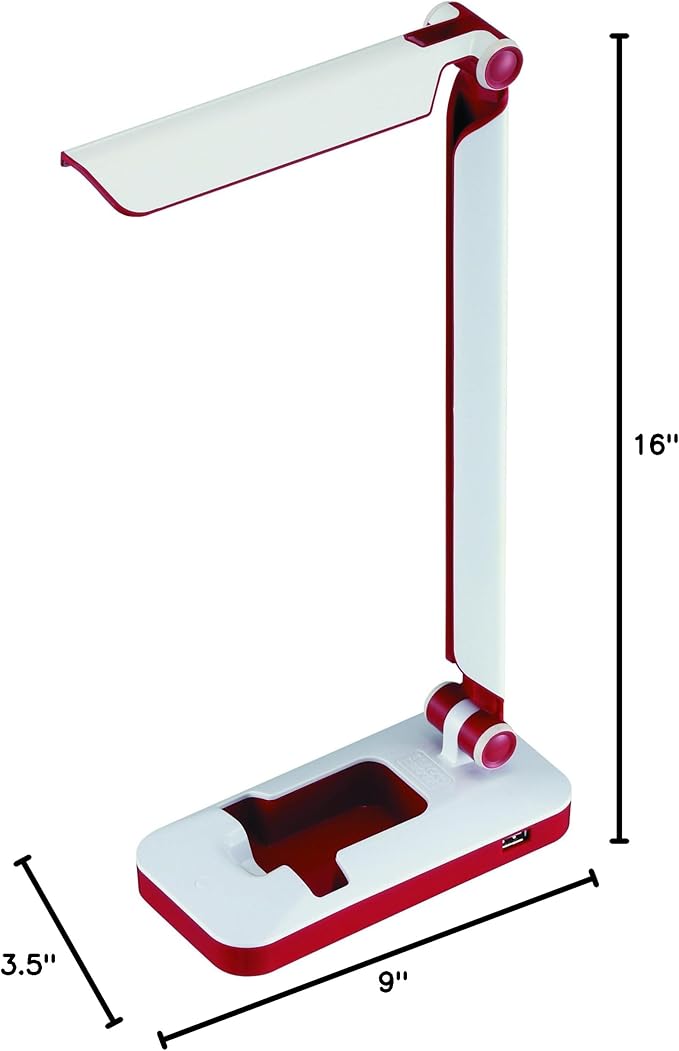 Black and Decker Office LED3FOLD-WHTRED PureOptics Verve 5W Flicker-Free Natural Daylight LED Desk Lamp with USB Charging Port, Phone Stand, 2 Dimming Levels (267 Lumens), 16" x 9" x 3.5" , White/Red