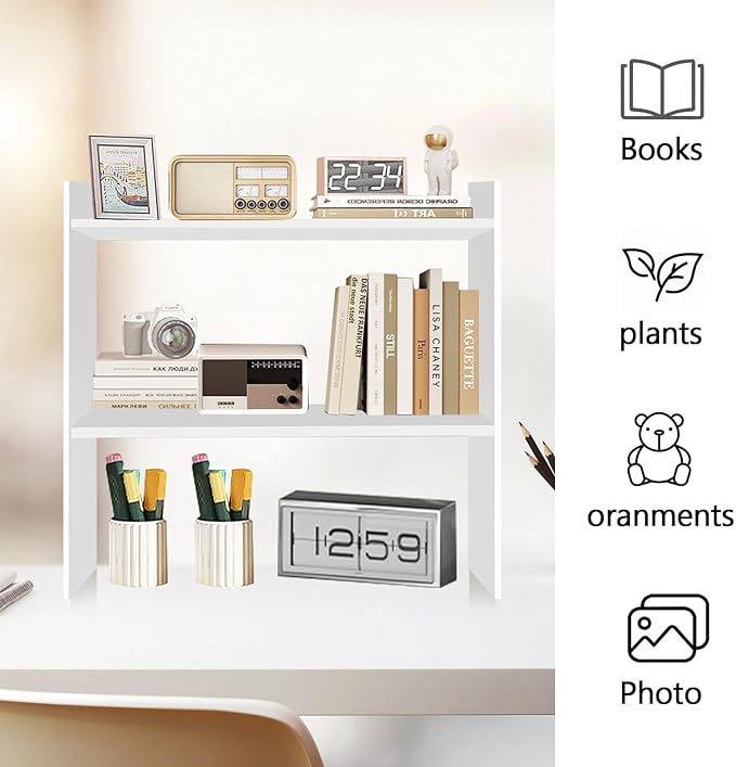 Wood Desk Organizer - Small Desk Shelf, 2 Tier Desktop Bookshelf for Workspace Organizers Dorm, White Desktop Shelf Organizer