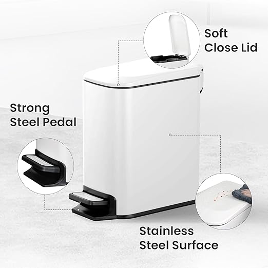 Cesun Slim Step-On Stainless Steel Desk Wastebasket – White (1.6 Gal)