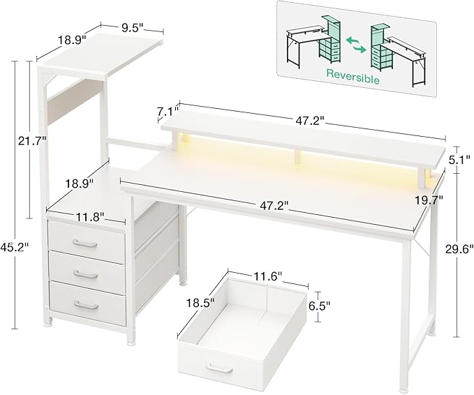 AODK 59 Inch Gaming Desk with USB Charging Ports & LED Light- Reversible Computer Desk with Storage Shelves & Monitor Stand, Modern Gamer Desk Table with Fabric Drawers, White