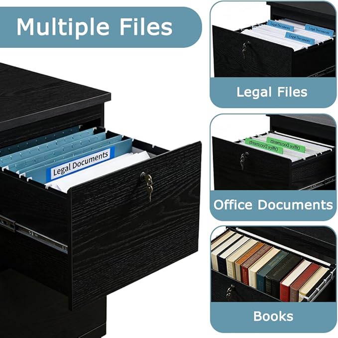 kowo 2 Drawer Wood File Cabinet with Lock, Printer Stand, Vertical Filing Cabinet fits A4, Letter, and Legal Size Documents for Home Office, Black