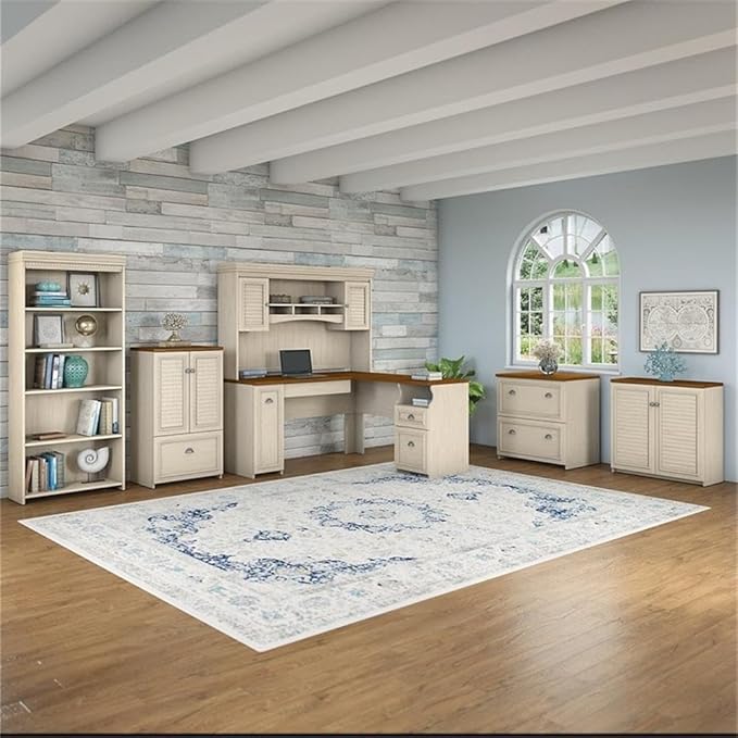 Bush Furniture Fairview 60W L Shaped Desk with Hutch, Bookcase, Storage and File Cabinets in Antique White and Tea Maple