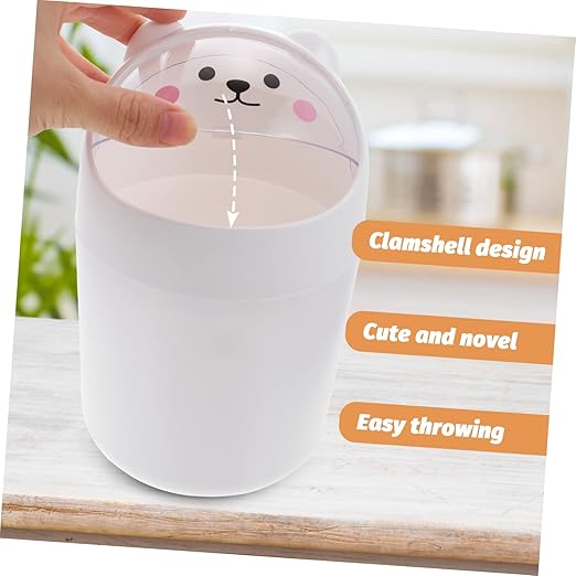 Cabilock 1pc Cute Bear Desktop Trash Can Mini Waste Bin Lid for Home Office Compact Garbage Container for Bedroom for Small Spaces White