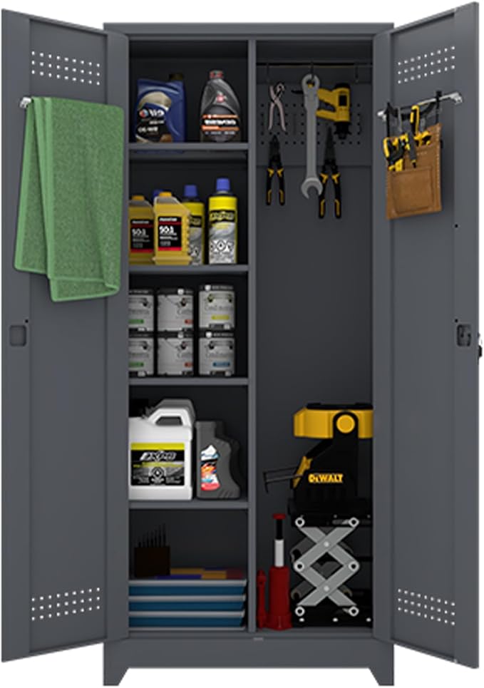IRONFFICE Metal Utility Cabinet,Broom Closet Storage Cabinet with Hanging Rod,72" H Tall Storage Cabinets with 2 Doors and 4 Adjustable Shelves,Locking Storage Locker for Garage,Laundry Room,Grey