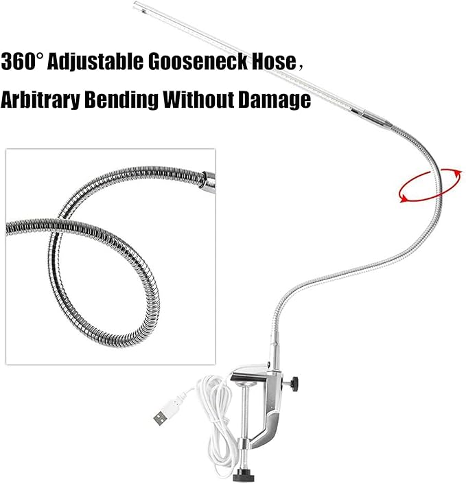 Brokimis Desk Light with Clamp, USB LED 8W Clip Nail Desk Lamp Eye Care Flexible Gooseneck 360° Clamp Light for Manicure Reading Eyebrow Office Tattoo