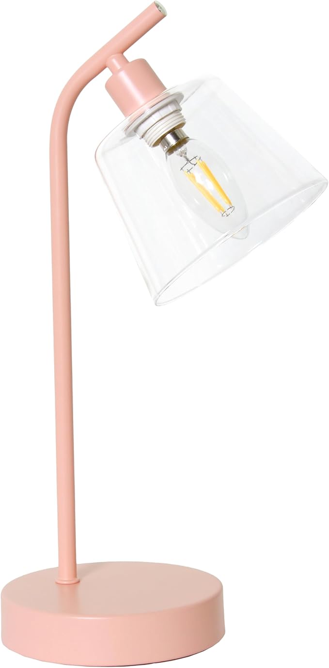 Simple Designs LD1080-BPK 16" Sleek Essentials Modern Industrial Metal Desk Lamp with Clear Glass Shade, for Office, Desk, Nightstand, Dorm, Pink