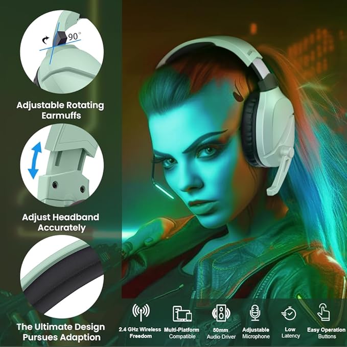 WolfLawS Wireless Gaming Headset with Noise Canceling Microphone for PS5, PC, PS4, 2.4G/Bluetooth Gaming Headphones with USB and Type-c Connector, Wired Mode for Controller (Green)