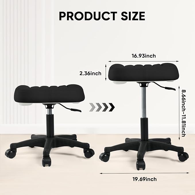 Height Adjustable Foot Stool,Large Seat Under Desk Footrest,Swivel Rolling Chair W Sturdy Wheels,Ottoman Stool Simple Meeting Chair for Home Office,Black