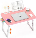 Bed Desk Height Adjustable, Bed Laptop Table with USB/Storage Drawer/Cup Holder/Tablet Stand/Book Shelf, Foldable Breakfast Tray Portable for Reading Writing, Bed, Sofa & Floor, Wood, Pink