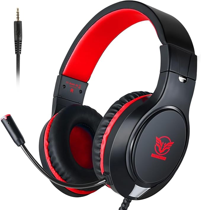 H-10 Gaming Headset for PS4, Xbox One, PC, PS5, Nintendo Switch, Stereo Wired Noise Cancelling Over Ear Headphones with Mic for Kids Adults, Bass Surround, Soft Memory Earmuffs, Red