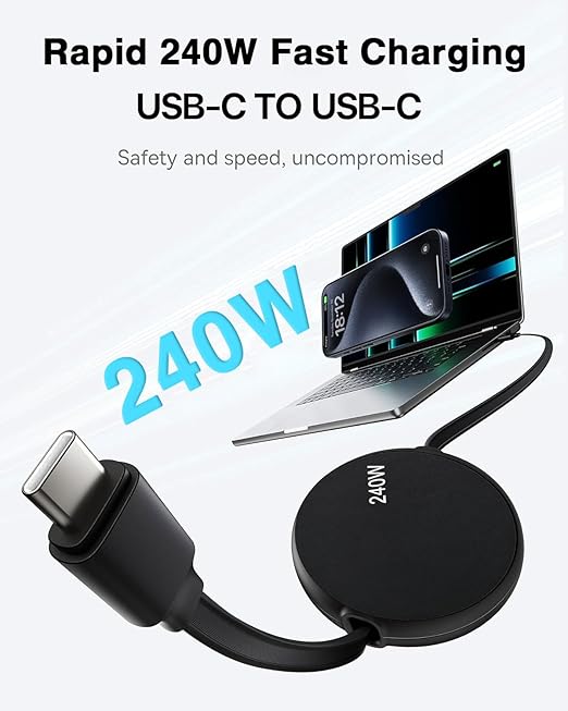 240W USB C to USB C Cable, Retractable usb c Cable Fast Charger Lead, Short Type-C Data Charging Wire for MacBook Pro/Air, iPad Pro/A16/10th/Mini, IPhone 17 Air/16 Pro Max/15Plus Travelling Essentials