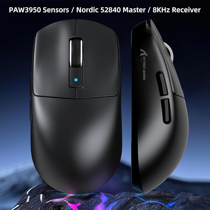 ATTACK SHARK R6 Wireless Gaming Mouse,38G Ultra-Lightweight Trip-Mode 2.4G/USB-C/Bluetooth Mouse Gaming with PAW3950MAX Sensor,42000 DPI,50G Accelerated Speed for PC/Laptop/Mac -Black&Tape
