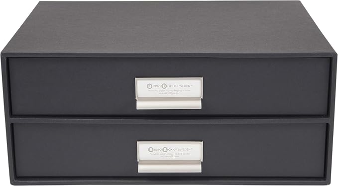 Bigso Box of Sweden Birger 2-Drawer Fiberboard Label Frame Document Letter Box | Desktop Drawers for Loose Papers, Documents & More with Metal Label Holder | 13.1" x 10" x 5.7" | White