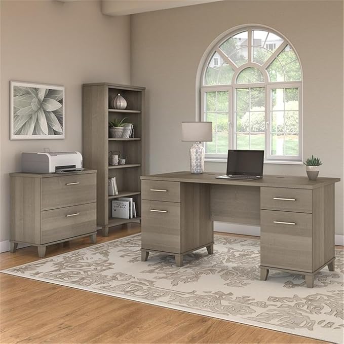 Scranton & Co Furniture Somerset 60W Desk Set, Ash Gray, Includes Office Desk, Lateral File Cabinet, 5-Shelf Bookcase, Durable Construction, Wire Management, Adjustable Shelves, Ideal for Home Office