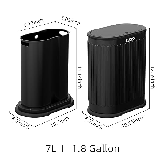 KSSKSS 1.8 Gallons Small Stainless Steel Trash Can with Press Type Lid, Slim Bathroom Garbage Bin, Removable Liner Bucket, Dog Proof Narrow Wastebasket with Pop-Up Lid for Bedroom,Toilet (Matt Black)