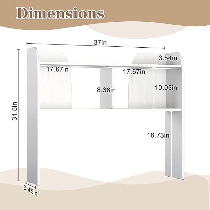 Wooden Desktop Bookshelf 37”,3-Tier Rounded-Edge Desk Storage Organizer,Space-Saving Countertop Shelf for Office Dorm Home,White