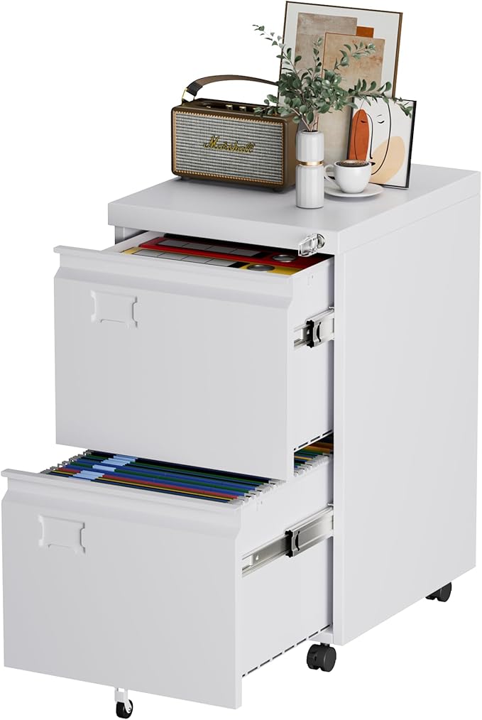 Reemoon File Cabinet 2 Drawer, Locking Filing Cabinet with Business Card Slot for Letter/Legal/F4/A4 Size Folders,Required Assembly,14.57" W x 17.36" D x 25.79" H,White