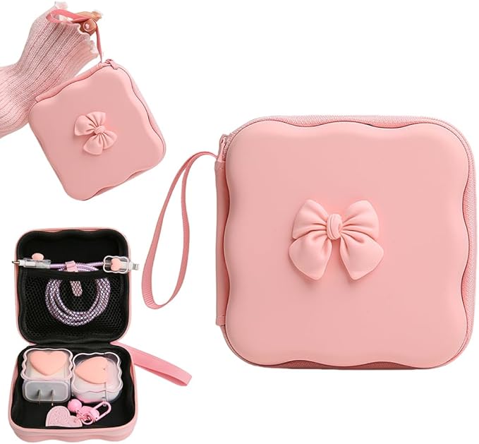 Charger Cover Storage Bag, Cute 3D Bow Tie Waves Design Charger Protector Travel Storage Case, Earphone Wire Saver Cable Cord Organizer Wireless Earphone Storage Box, Pink Bow