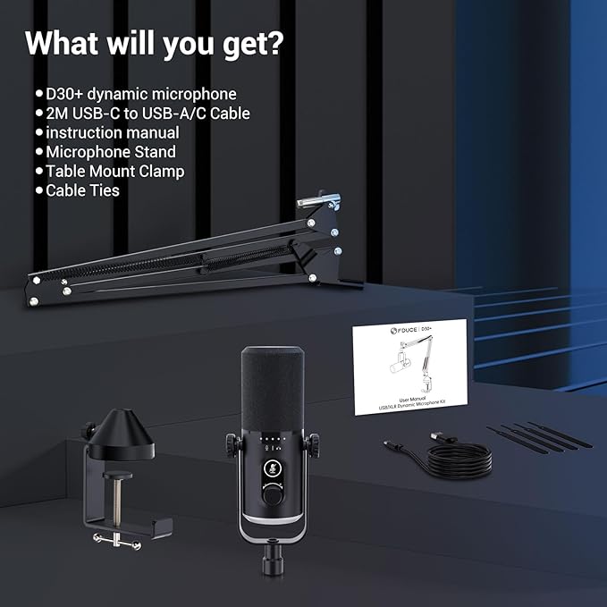 FDUCE USB/XLR Gaming Microphone kit, Dynamic PC Mic for Podcasting Streaming, Computer RGB Mic Kit with Boom Arm Stand, Mute Button and Headphone Jack, for Recording, Vocal Voice-Over (D30+)