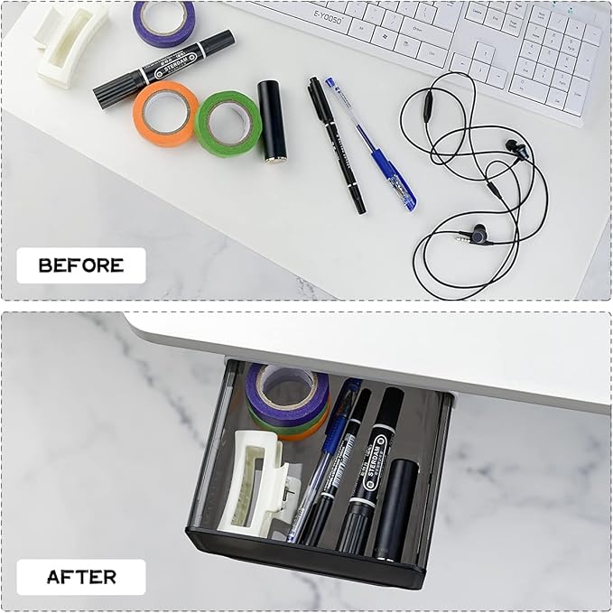 yuntop 1 Pcs Under Desk Drawer, Under Table Hidden Organizer, Plastic Self-adhesive Slide out Under Desk Storage Drawer for Office Dresser Home School Stationery Kitchen (Black)