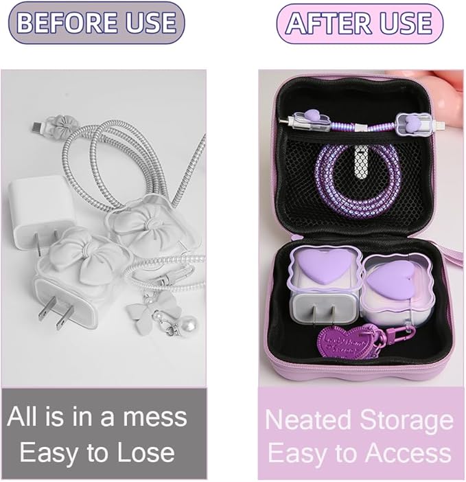 Charger Cover Storage Bag, Lovely 3D Love Heart Waves Design Charger Protector Travel Storage Case, Earphone Wire Saver Cable Cord Organizer Wireless Earphone Storage Box, Purple Love