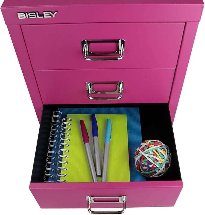Bisley 3-Drawer Steel MultiDrawer Cabinet - Fuchsia, Chrome Pull Handles with Label Holders, Powder-Coated Steel, Removable Drawers, Desktop Storage, Labels Included