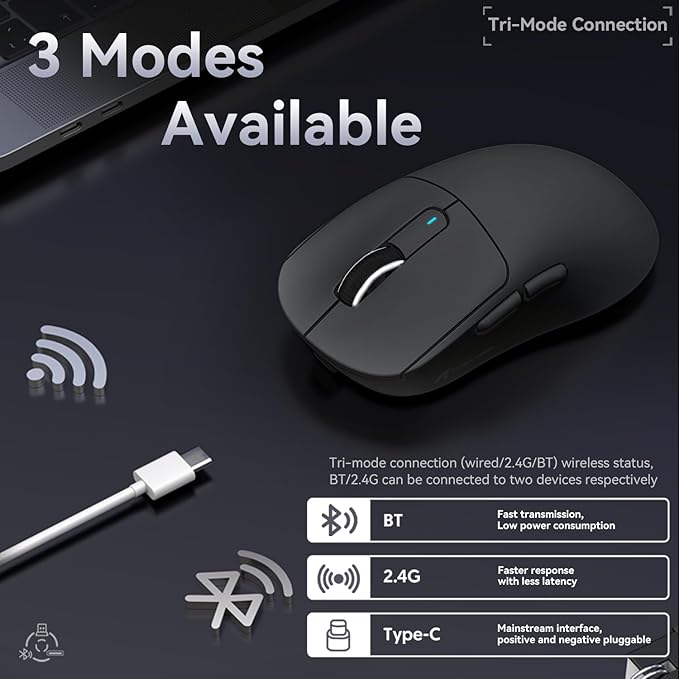 MAMBASNAKE Attack Shark X3 Wireless Gaming Mouse, 49g Ultralight, PixArt PAW3395 26000 DPI, Bluetooth/2.4Ghz /Wired Tri-Mode, 200Hrs Rechargeable Battery, Kailh GM8.0 Switch for PC/MAC/Win - Black