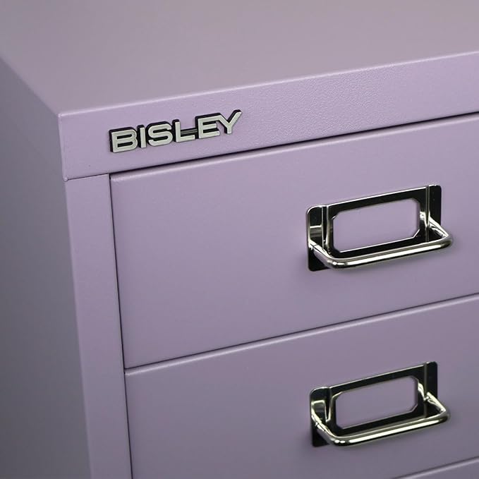 Bisley 6-Drawer Steel MultiDrawer Cabinet - Lilac, Chrome Pull Handles with Label Holders, Powder-Coated Steel, Removable Drawers, Fits Under Most Desks, Labels Included