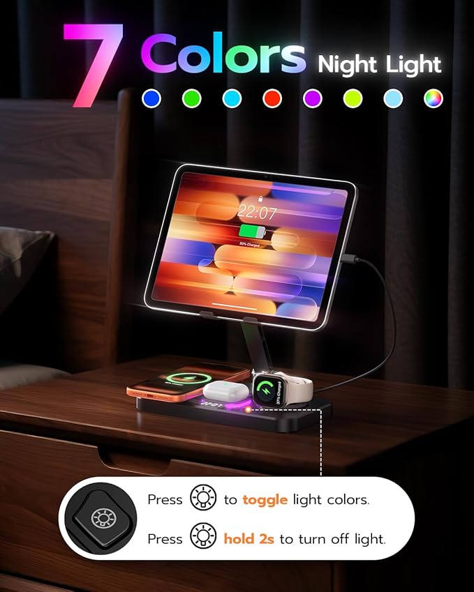 45W 6 in 1 Charging Station for Apple Multiple Devices with Clock & Light, 20W Fast Foldable Wired Charging Stand for iPad/Tab, Wireless Charger Design for MagSafe Charger for iPhone 17/iWatch/Airpods