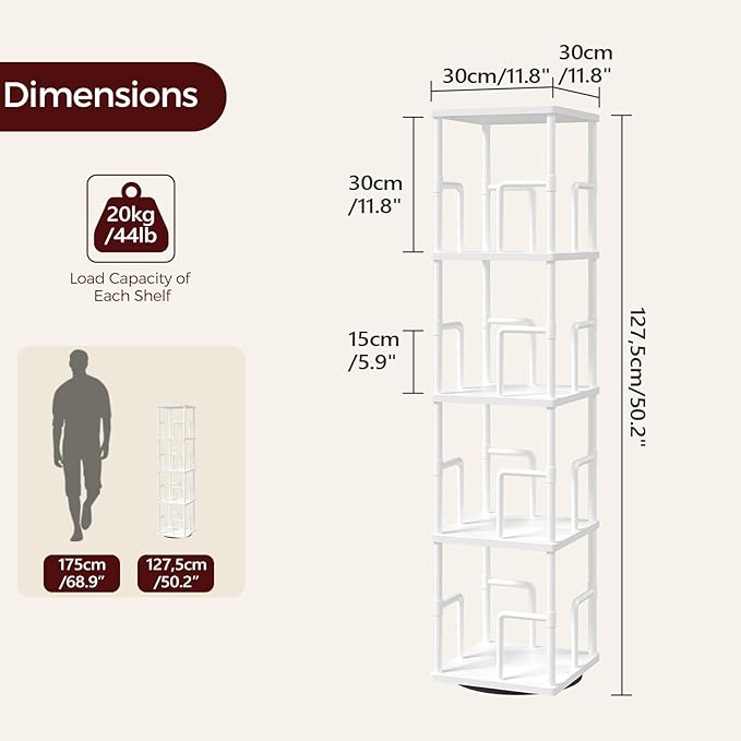 MAHANCRIS 4-Tier Rotating Bookshelf, Freestanding Corner Bookshelf, 360° Spinning Bookcase, Industrial Style Storage Rack with Rails, for Living Room, Bedroom, Study, White BKWT1501