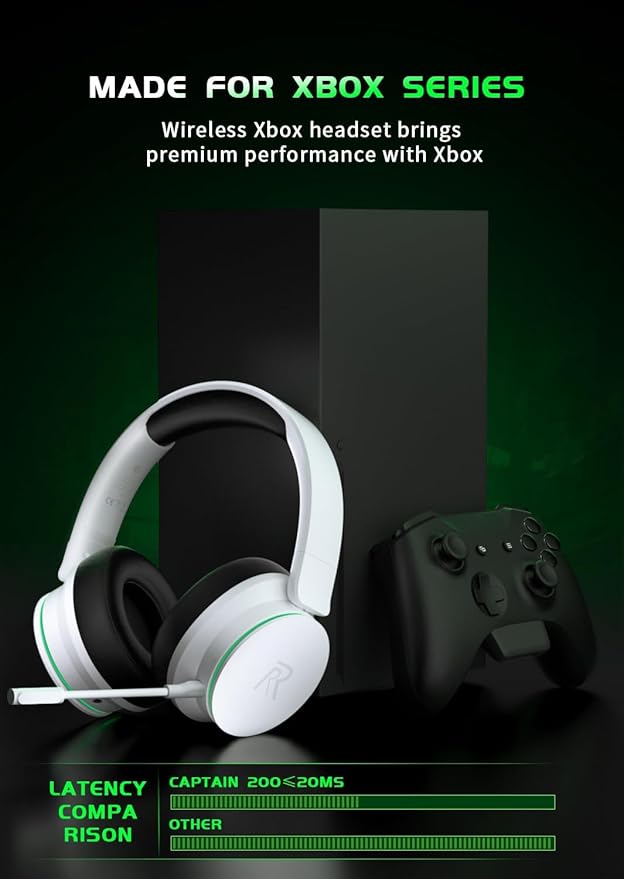 RYR Wireless Gaming Headset, Bluetooth 5.3, 3D Surround Sound, Rotatable Earmuffs, Wireless Gaming Headphones with Noise Canceling Microphones for Xbox Series X|S, Xbox One, Sega Gear, Mac-Blackwhite