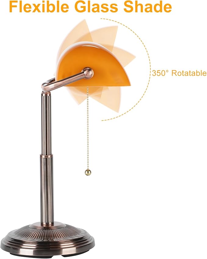 LINNMON Bankers Desk Lamp, Amber Retro Lamp, Vintage Lamp with Pull Chain Switch for Home Office (Copper+Amber)