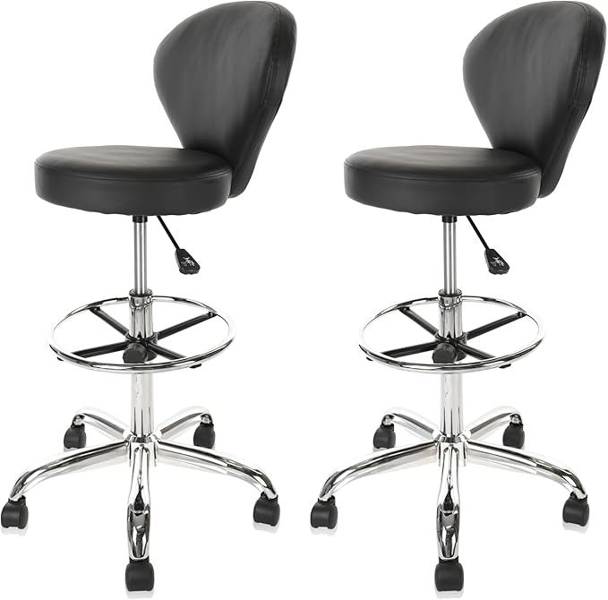 KLASIKA PVC Faux Leather Drafting Chair Set of 4 Rolling Swivel Salon Stool with Back Foot Rest Adjustable Hydraulic Seat Height 30 Inch Diameter 15 in Lumbar Support for Massage Facial Spa 2 Pack