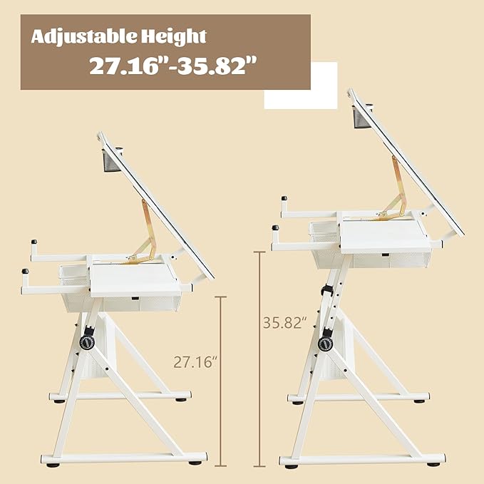 White Drafting Table Desk w/Stool, Painting Table Art Craft Desk Crafting Table with Tilting Tempered Glass Top, 2 Storage Drawers, Height Adjustable