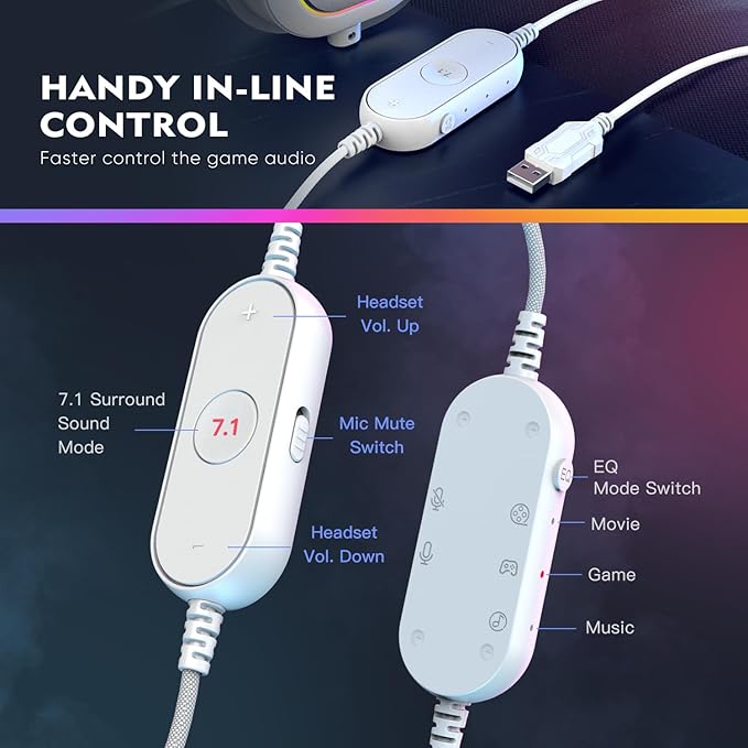 FIFINE USB Gaming Headset, PC Headphones Wired with Microphone for Computer/Laptop, Over-Ear RGB Headset with 7.1 Surround Sound, Noise Cancellation for Streaming Video Game- AmpliGame H6 (White)