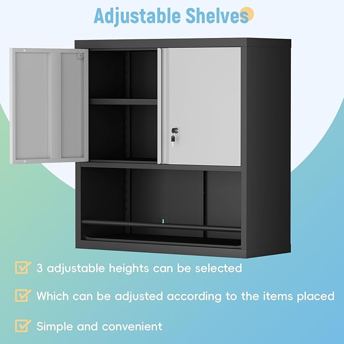 IRONFFICE Locking Cabinet,Metal Garage Storage Cabinets with Shelf,Wall Storage Cabinet with Doors for Home Office,Garage,Grey-Black