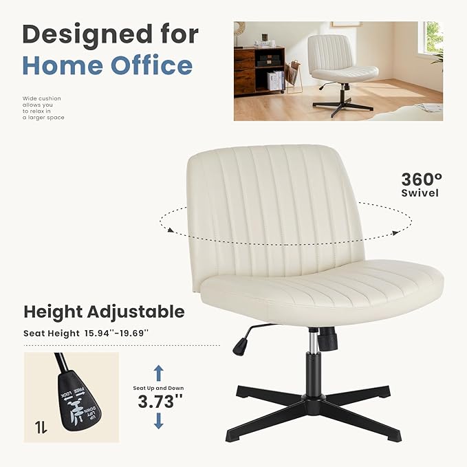 DUMOS Desk Chair No Wheels, Criss Cross Chair Wide Cross Legged Office Desk Vanity Chair, PU Leather Armless Adjustable Swivel Chairs for Home Computer Task Beige