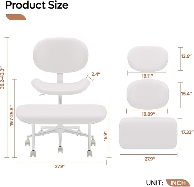Pinmoco Upgraded Cross Legged Office Chair with Wheels, ADHD Chair for Adults, Wider Height Adjustable Backrest and Seat, Meditation Chair, Ergonomic & Yoga Office Chair, PU Leather, Beige, White