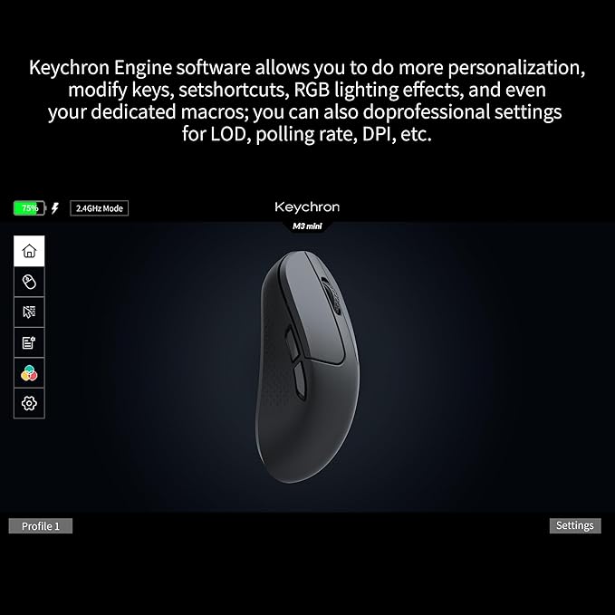 Keychron M3 Mini Wireless Optical Mouse, Bluetooth 5.1/2.4 GHz/Wired Gaming Mouse, Programmable PixArt 3395 Sensor with up to 26,000 DPI/ 650 IPS, Lightweight Ergonomic for Windows Mac Linux - Black
