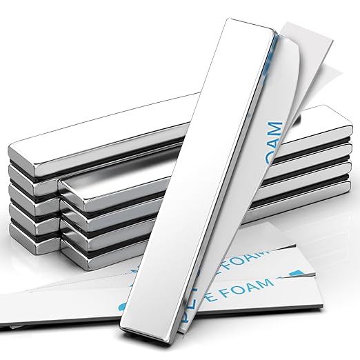 Strong Magnets, Caturledas 10 Pack Heavy Duty Rare Earth Neodymium Magnets with Double Sided Adhesive, Rectangular Bar Magnetic Strip for Refrigerator Kitchen Office Science Craft, 60x10x3 mm, Silver