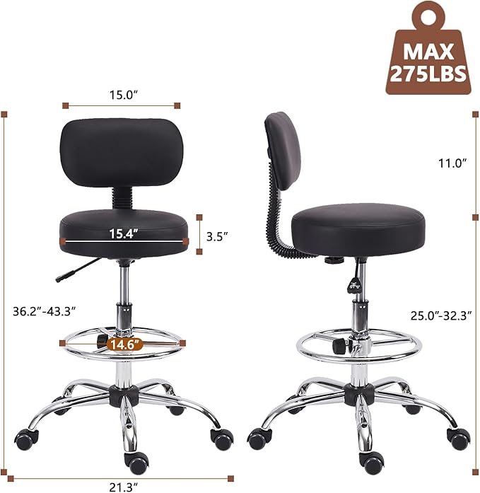 KLASIKA Drafting Stool Chair with Back, Adjustable Foot Rest Backrest Swivel Rolling Stool, Multi-Purpose Office Desk Chair, Thickened Seat for Home Bar Spa Kitchen Shop 2pack