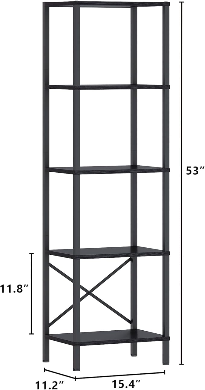 JARHETUN 5-Tier Bookshelf, Tall Narrow Bookcase with LED Lights, Book Shelf with Steel Frame, Display Storage Shelf for Living Room, Bedroom, Home Office, Study, Balcony, Black