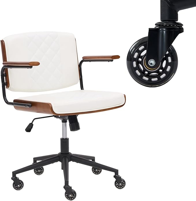 Home Office Desk Chair with Rubber Wheels, Adjustable Height Office Chair with Arms, Leather Mid Back 360° Small Computer Chair, Modern Walnut Chair for Office, Reading Meeting Room (White)