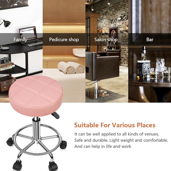 KKTONER Round Rolling Stool Chair PU Leather Height Adjustable Swivel Drafting Work SPA Shop Salon Stools with Wheels Office Chair Small (Pink)