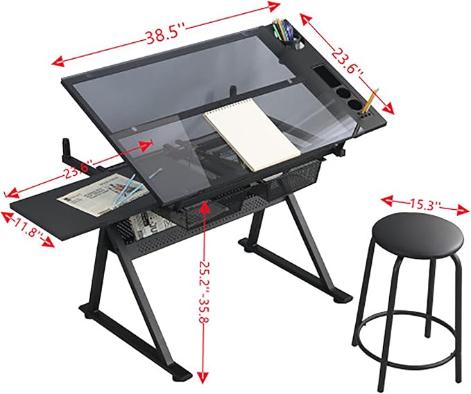 Drafting Desk with Side Shelf 0 to 75° Adjustable Tilting Drawing Desk Tempered Glass Art Table Writing Desk with Chair Stat